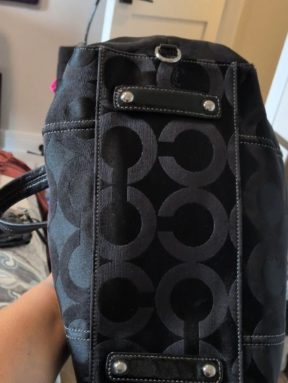 Coach Black Poppy Signature Satin Satchel with Patent Trim